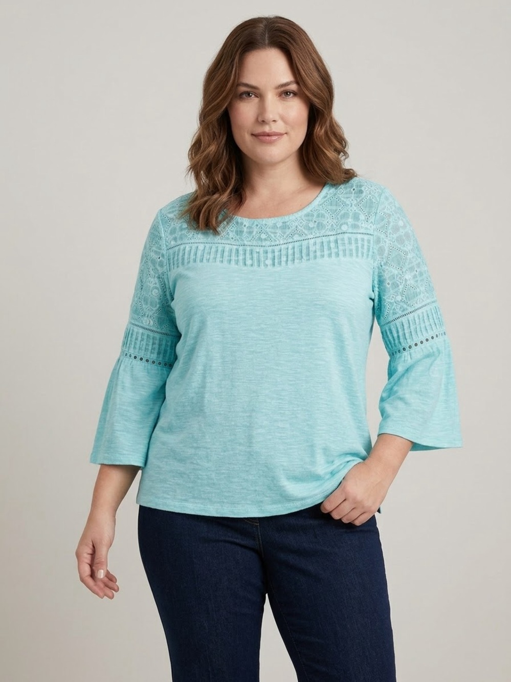 Chico’s Turquoise Slub Knit Lace Yoke Bell Sleeve Top Boho Size 3 XL 16/18